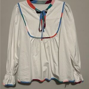 White Peasant Blouse with Multicolor Trim